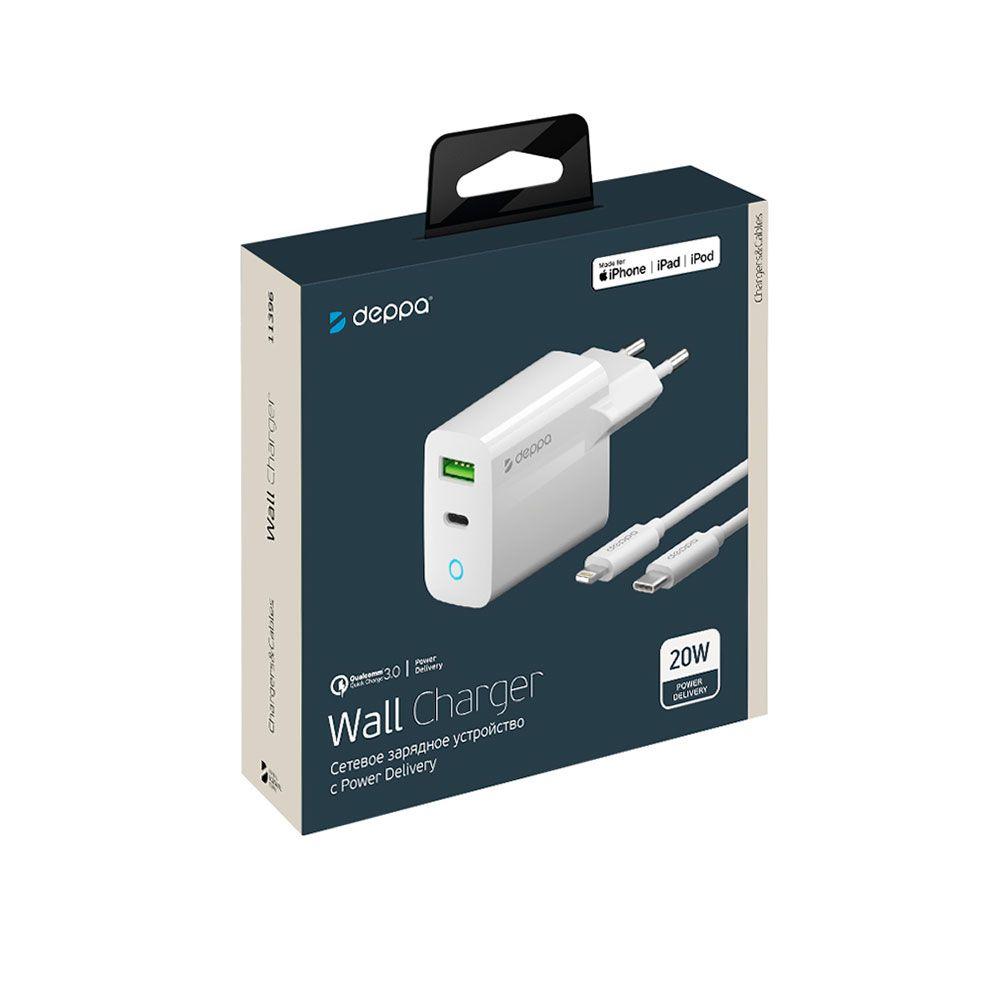Зарядное устройство сетевое Deppa USB C + USB-A + кабель, 20Вт, белый - 1
