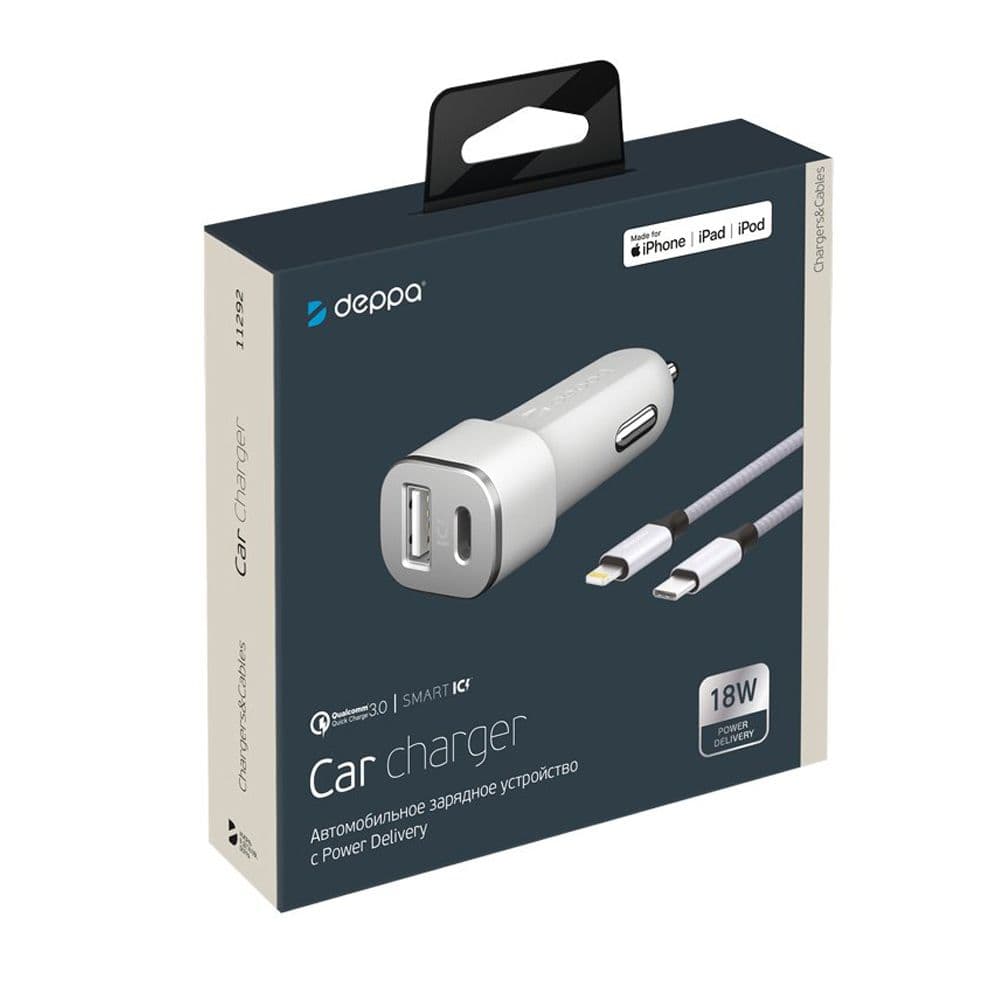 Зарядное устройство автомобильное Deppa USB Type-C + USB A, PD 3.0 + Lightning (MFI), 18Вт, белый photo 2